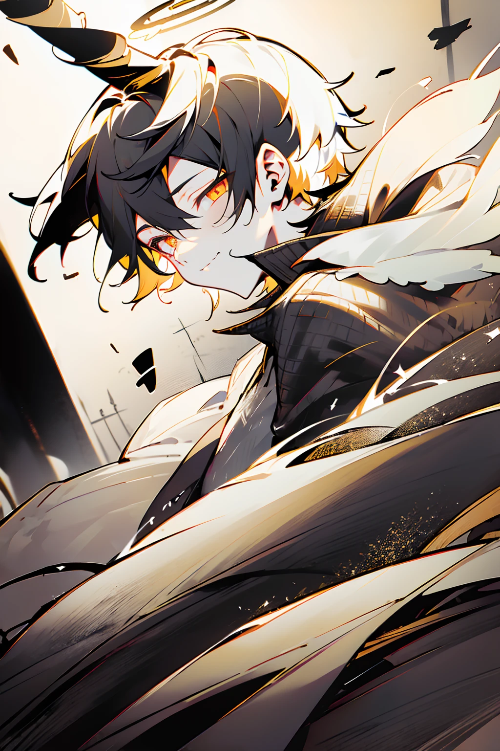 1male, Young Adult, Two Tone Hair, Black and White Hair, Short Hair, Undercut Hair, Black and White Horns, Angel Halo, Black and White Wings, Golden Eyes, Smirk, Black and White Flannel Shirt, Black Ripped Jeans
