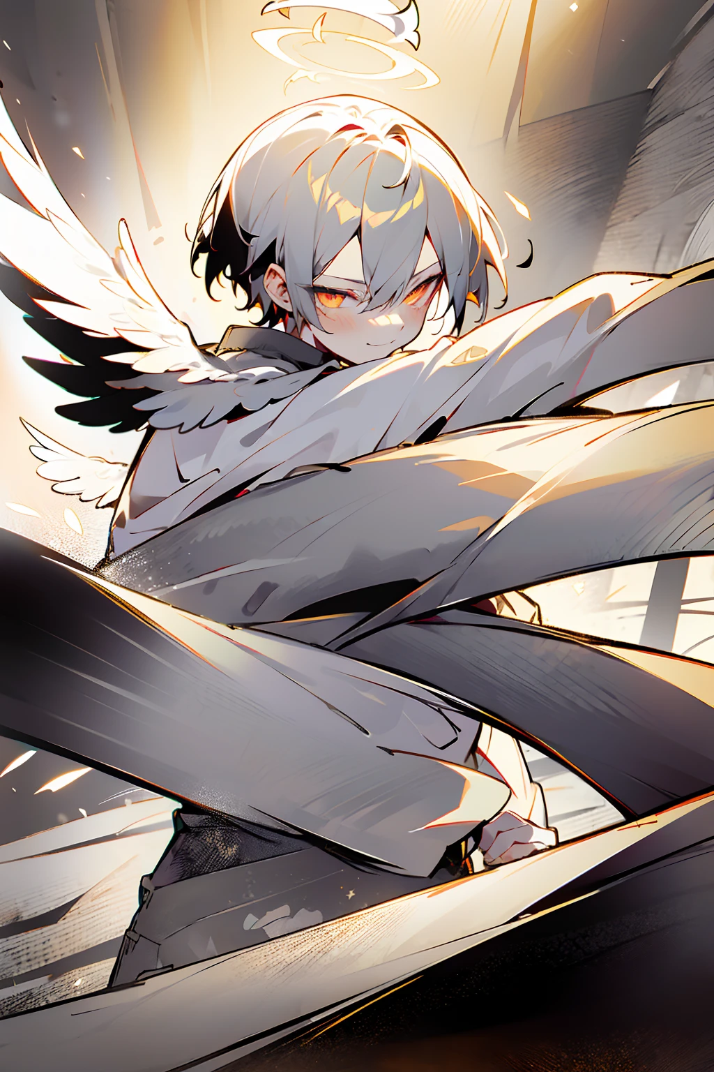 1male, Young Adult, Two Tone Hair, Black and White Hair, Short Hair, Undercut Hair, Black and White Horns, Angel Halo, Black and White Wings, Golden Eyes, Smirk, Black and White Flannel Shirt, Black Ripped Jeans
