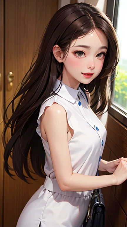 blush a little and smile, (Top quality masterpiece:1.2) Delicate illustrations, Very detailed, /Beautiful Japanese Women、1 person,Very cute and slim、Great style 、((8K images、super high quality))、Very delicate face, Skin and Hair、beautifule forehead、Red lipstick、(((((Mid-length hair、Brown Hair、lure))))),Very cute Japanese cut face、Eyes and nose are clearly visible、Kind eyes,((((Sleeveless fashion))))