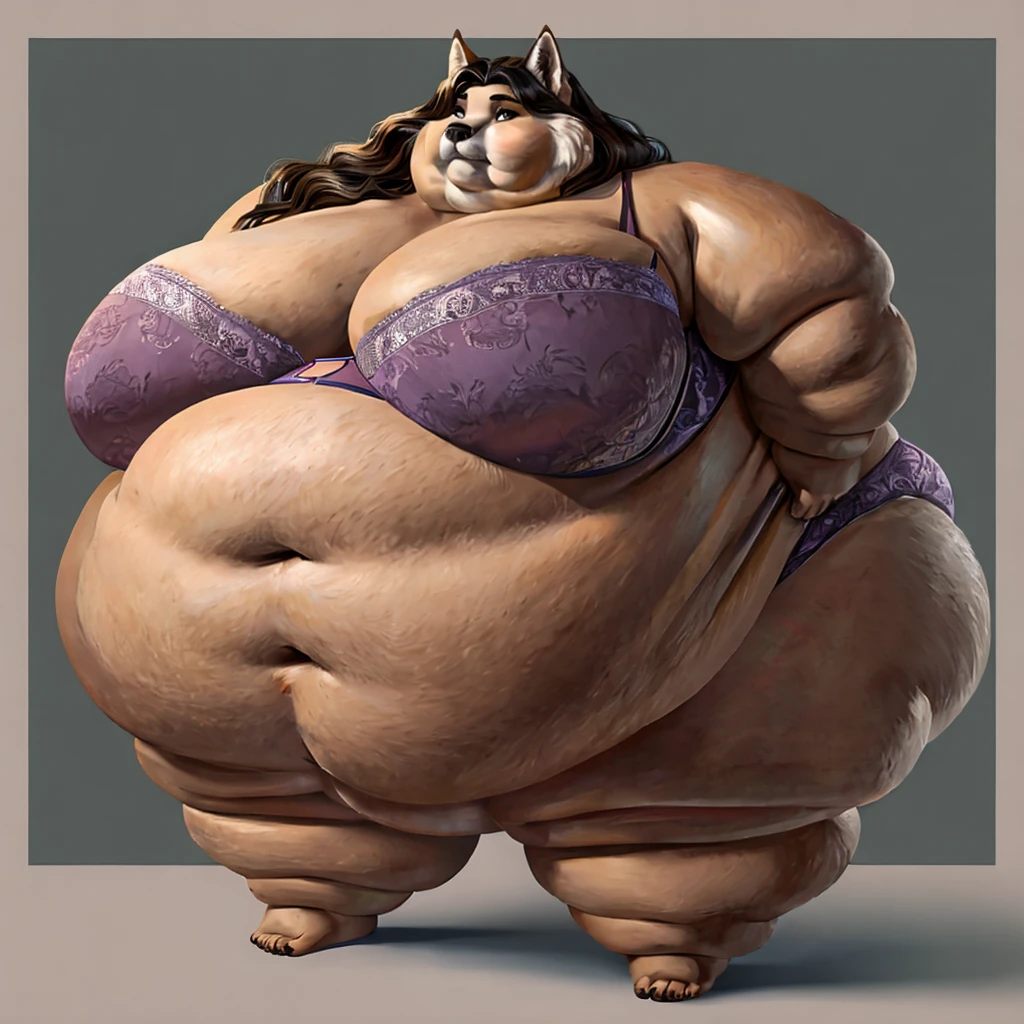 Wolf, female, long hair, huge breasts, huge hips, huge thighs, plump, voluptuous, morbidly obese, fat arms, fat legs, belly rolls, gorgeous, beautiful, eyelashes, feminine, realistic, huge body, corpulent, massive silhouette, feminine,fat arms, fat legs,fat rolls, saggy breasts, chubby cheeks, double chin , belly overhang, flabby belly ,fat face,underwear, bra,panties, realistic , gorgeous, beautiful, eyelashes 