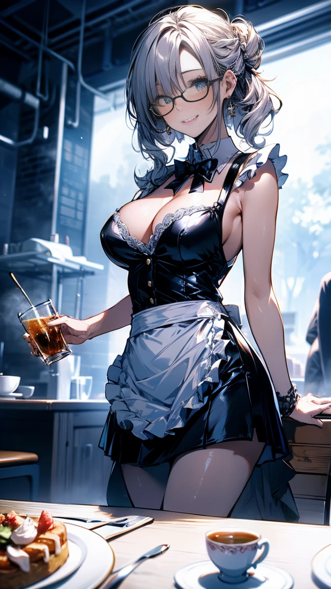 (Highest quality, masterpiece), (Ultra-high resolution, 8k RAW photos, Photorealistic:1.5, Cinema Lighting, Fabric Shading, Thin contours, Clear focus:1.2), Beautiful mature woman making tea_Garden party, Standing by the round table, Serve tea, Leaning forward, (Meisen tea set, you can, Tea cup, Some cakes on a plate), Delicate and elegant French style white table with gold accents and royal_green, (Wear White_茶色のMaid clothes:1.5, Cleavage, Maid clothes:1.2, Long Flared Skirt, apron, Bow tie on chest), Tall Sally, Long legs, Gray Hair, (Wearing thin glasses:1.2), (Mature Woman:1.5, 28 years old, alone), (Large Breasts, Saggy breasts, big , Tight waist), whole bodyesbian, (medium short Gray Hair, Hair on one eye, (Updo:1.2), Side Lock, Asymmetrical Hair, Wavy Hair), (thin and bright pupils, Highlighted, detailed eyes:1.3, A face with attention to detail, perfect face shape, Bloodshot eyes), (A seductive smile, Half-close your eyes:1.2), (Looking at the audience:1.3), (Dutch Angle, whole body:0.3, From below:1.2), ((Correct Anatomy:1.5, The right move)), (Ideal body proportions), (Outdoor:1.2, grassland),