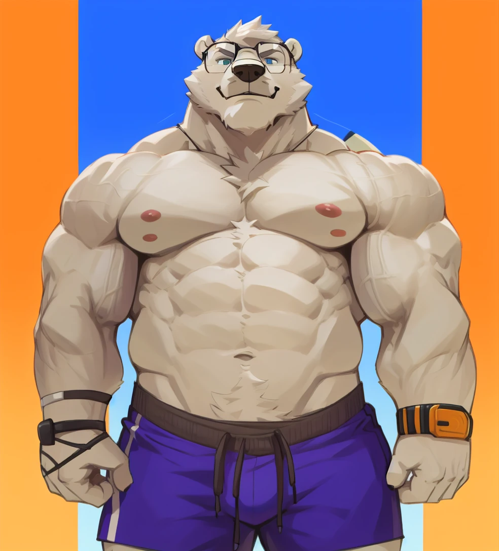 solo, 1boy, Huge Muscular White Polar Bear wearing glasses, huge white fur, pectoral, huge pectoral, wide pectoral, short white hair, blue colored short pants, blue colored wristbands and shirtless and topless, white bearded, white Mustache, white fur, simple background, masterpiece, high detailed, 8k, high resolution, at the gym, flexes huge muscles