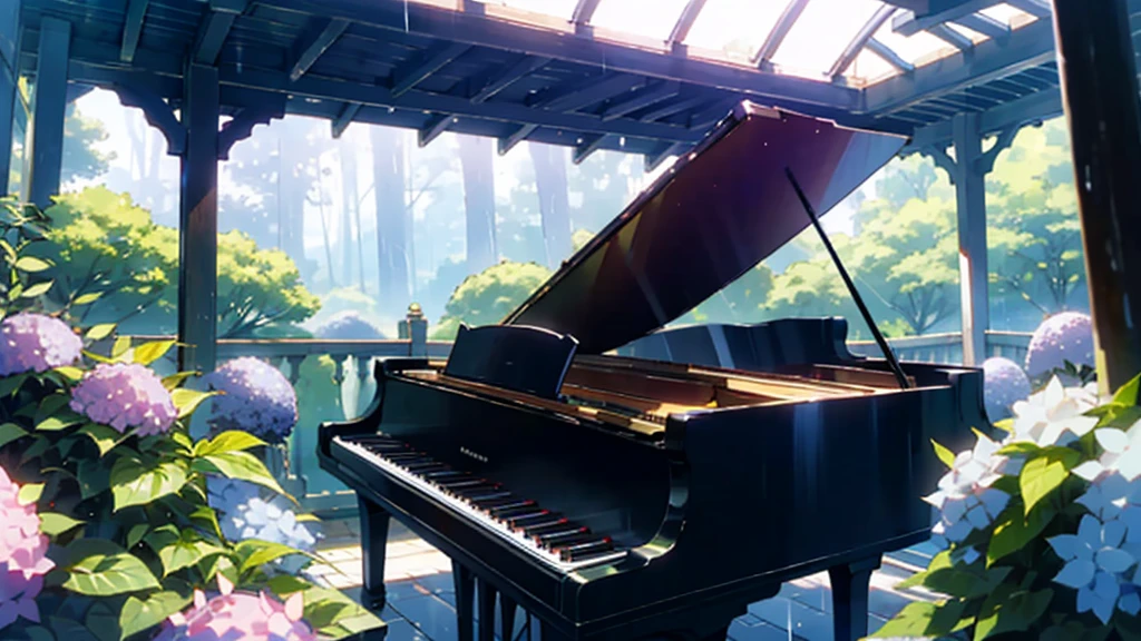 In the deep rainy forest。A large grand piano under the roof、Hydrangea is blooming