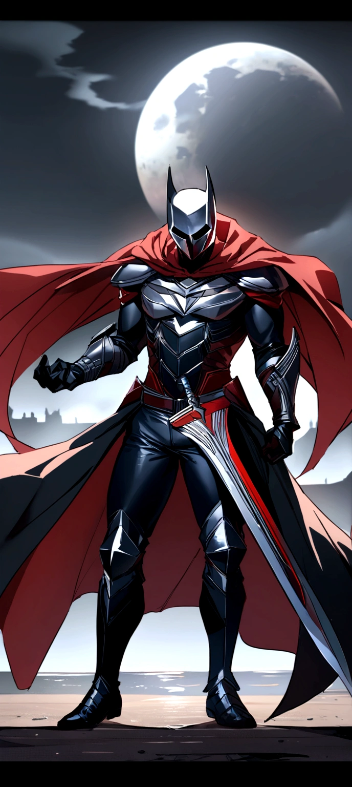 { "Incite": "Create a full-body image of a superhero with a mysterious and intense aura, combining Spawn elements. The superhero should have a similar aesthetic to Moon Knight, but with a black and red primary color scheme. The character must have a dark and intriguing presence, with elegant, modern armor and a flowing cape. Focus in the dark, hmm fearless hero, using giant sword in his hands. FIGHTING WITH GIANT MONSTERS