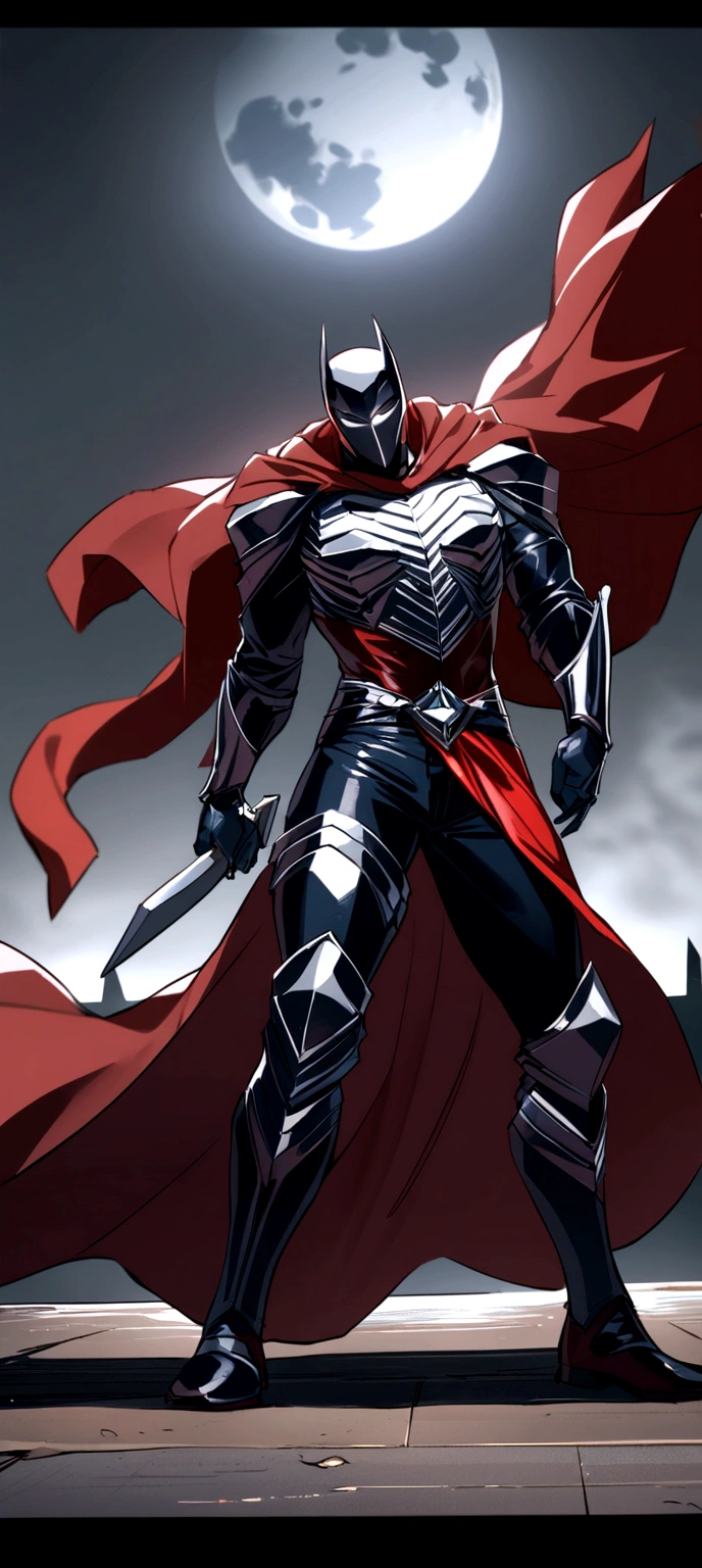 { "Incite": "Create a full-body image of a superhero with a mysterious and intense aura, combining Spawn elements. The superhero should have a similar aesthetic to Moon Knight, but with a black and red primary color scheme. The character must have a dark and intriguing presence, with elegant, modern armor and a flowing cape. Focus in the dark, hmm fearless hero, using giant sword in his hands. FIGHTING WITH GIANT MONSTERS 