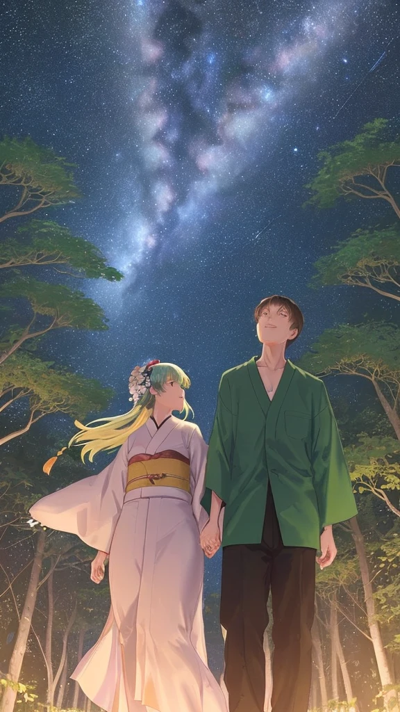 Tanabata night, a forest of leaves, a man and a woman in Japanese clothes, holding hands and looking up at the sky, the Milky Way in the sky