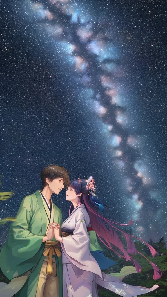 Tanabata night, a forest of leaves, a man and a woman in Japanese clothes, holding hands and looking up at the sky, the Milky Way in the sky
