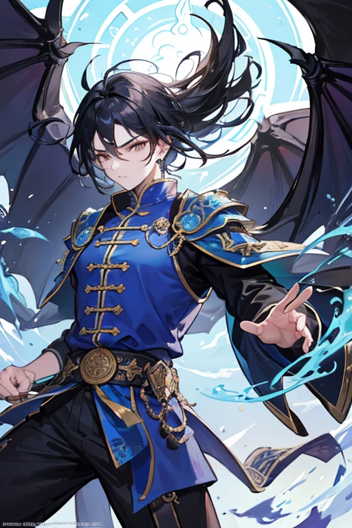 It is an elaborate and intricate fantasy portrait depicting a stout and determined seventeen-year-old man with an aura, a huge bright blue light behind him, bright black hair, dragons and phoenixes flying, golden light, Chinese martial arts style.