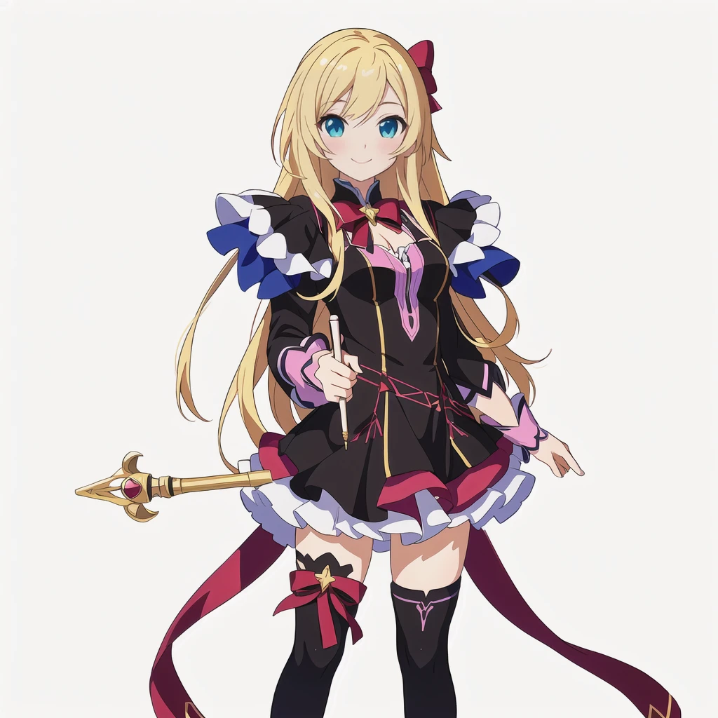 Highest quality, high resolution, High quality anime art style, Official Art, Smooth anime CG art, Stylized anime, Cute 3D anime girl render, Visual Novel Sprites, White background, whole body, Anime-style 3D, Smooth anime CG art, humanoid woman, JRPG Characters, Magical Girl Style, Anime woman in a black dress with maroon ribbon, Blonde, Long Hair, smile, He holds a magic wand in his right hand, Small Bust, Small breasts, 15 years old,