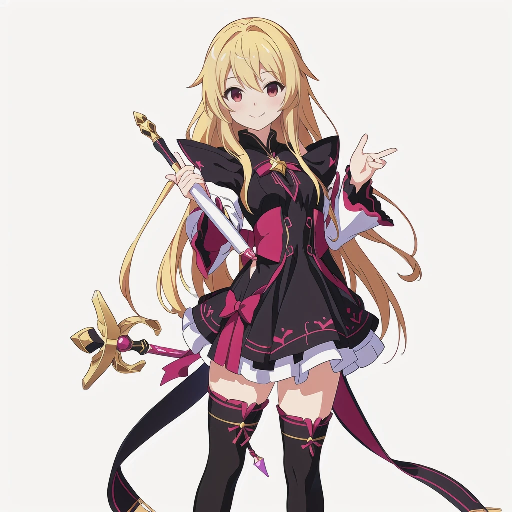 Highest quality, high resolution, High quality anime art style, Official Art, Smooth anime CG art, Stylized anime, Cute 3D anime girl render, Visual Novel Sprites, White background, whole body, Anime-style 3D, Smooth anime CG art, humanoid woman, JRPG Characters, Magical Girl Style, Anime woman in a black dress with maroon ribbon, Blonde, Long Hair, smile, He holds a magic wand in his right hand, Small Bust, Small breasts, ,