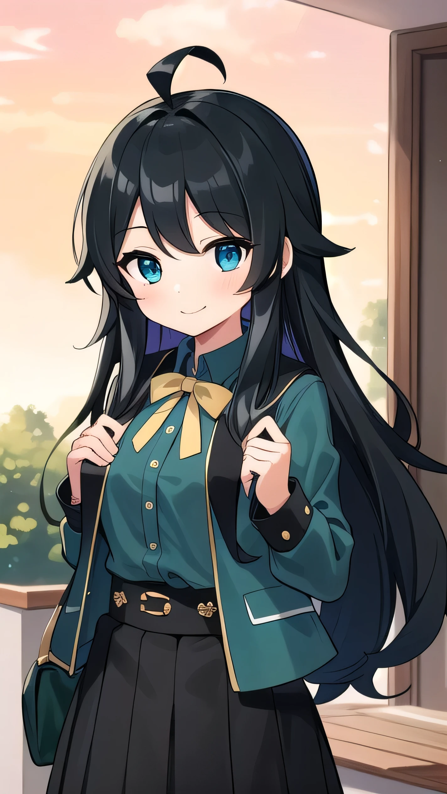  high schoolooks like an elementary school st short, 140 cm tall, black slight green tinge, short ahoge, beautiful long hair but with a little hair sticking out, beautiful round eyes, blue eyes, smile, boyish, long sleeves, Thick clothes, skirt, big breasts, hair longer than waist, long hair, childish face, gentle smile, a little shy, black skirt, black hair with a slight green tinge, boyish, gentle smile, jacket one size larger, ( Deep greenish black hair: 1.3)