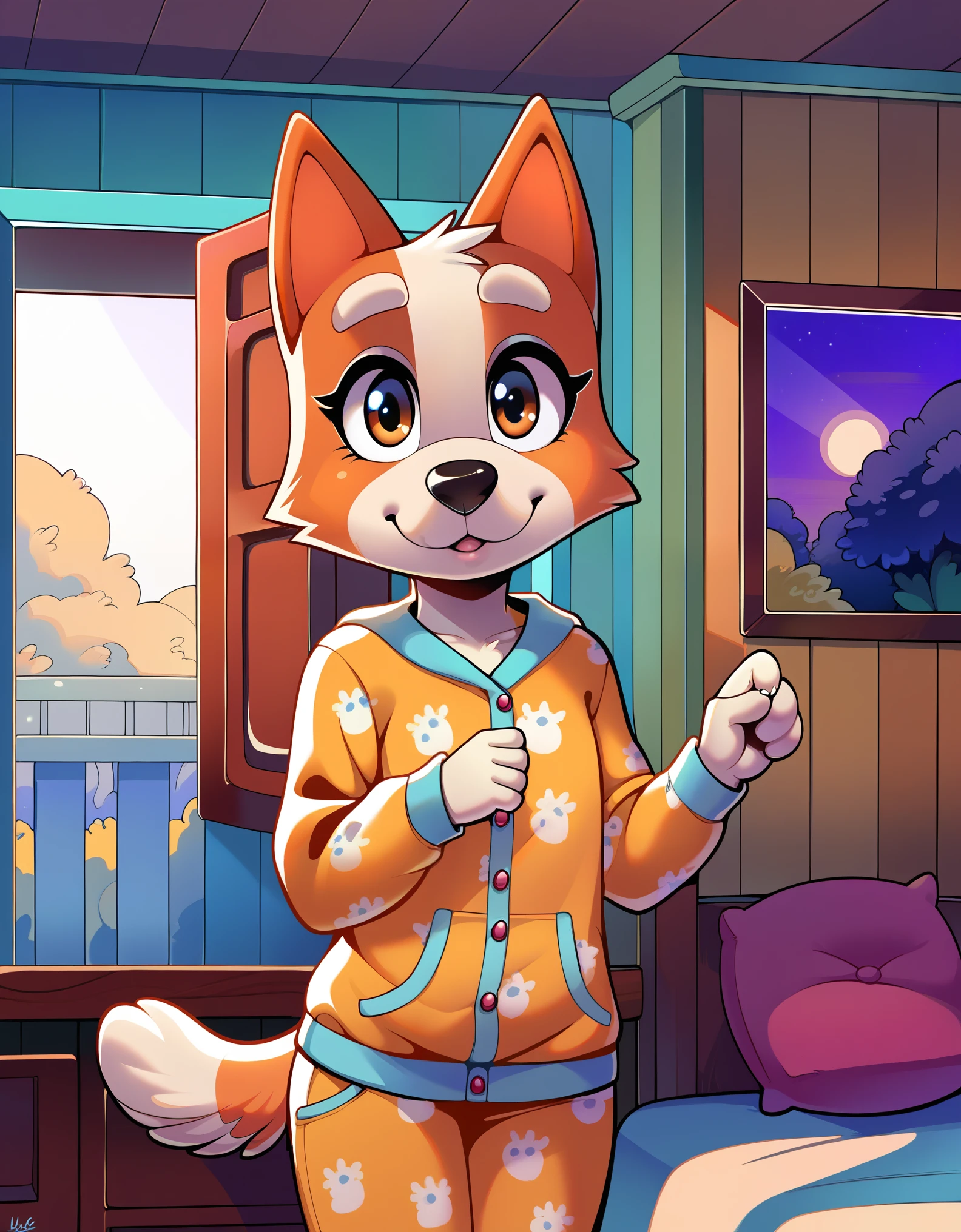 score_9, score_8_up, score_8, 1girl, 18 years old, source_cartoon, source_furry, blueyxl, bingo heeler, (boxchibi:0.8), cowboy shot, anthro, furry, tail, orange body, animal ears, flat shaded background, indoors, curvy, , detailed fur texture, pajamas, flat chest, onesie, slim, looking at viewer, at night, dark atmosphere