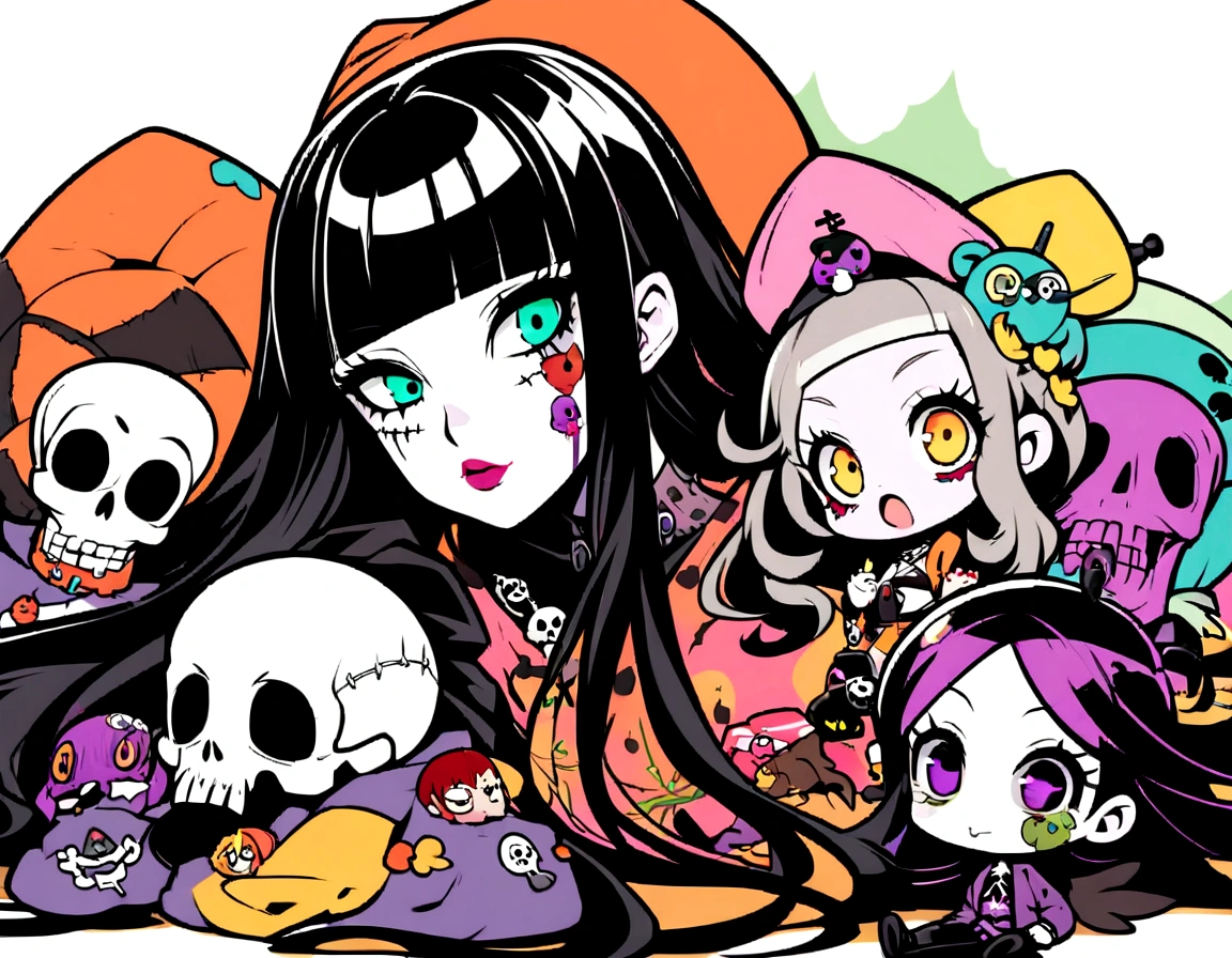 Lie、Lying down、ridicule、Finger prick、Black Hair、Black Feather、Gothic Punk,anime zombie witch design, crossbones, skulls, street wear design, pro vector, Horror style, full design, 6 colors only, solid colors, no shadows, full design, sticker, bright colors, white background.super fine illustration,(((beautiful fine hair))),(((beautiful fine face))),(((beautiful fine background))),(((beautiful fine hair))),(((beautiful fine face))),(((beautiful fine background))),Midsummer、beachBlack Hair、blunt bangs、Cross-eyed