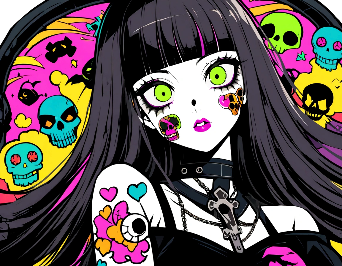 Lie、Lying down、ridicule、Finger prick、Black Hair、Black Feather、Gothic Punk,anime zombie witch design, crossbones, skulls, street wear design, pro vector, Horror style, full design, 6 colors only, solid colors, no shadows, full design, sticker, bright colors, white background.super fine illustration,(((beautiful fine hair))),(((beautiful fine face))),(((beautiful fine background))),(((beautiful fine hair))),(((beautiful fine face))),(((beautiful fine background))),Midsummer、beachBlack Hair、blunt bangs、Cross-eyed