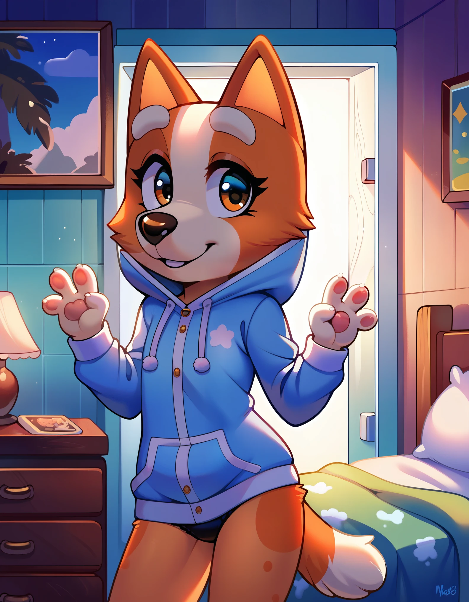 score_9, score_8_up, score_8, 1girl, 18 years old, source_cartoon, source_furry, blueyxl, bingo heeler, (boxchibi:0.8), cowboy shot, anthro, furry, tail, orange body, animal ears, flat shaded background, indoors, curvy, , detailed fur texture, pajamas, flat chest, onesie, slim, looking at viewer, at night, dark atmosphere