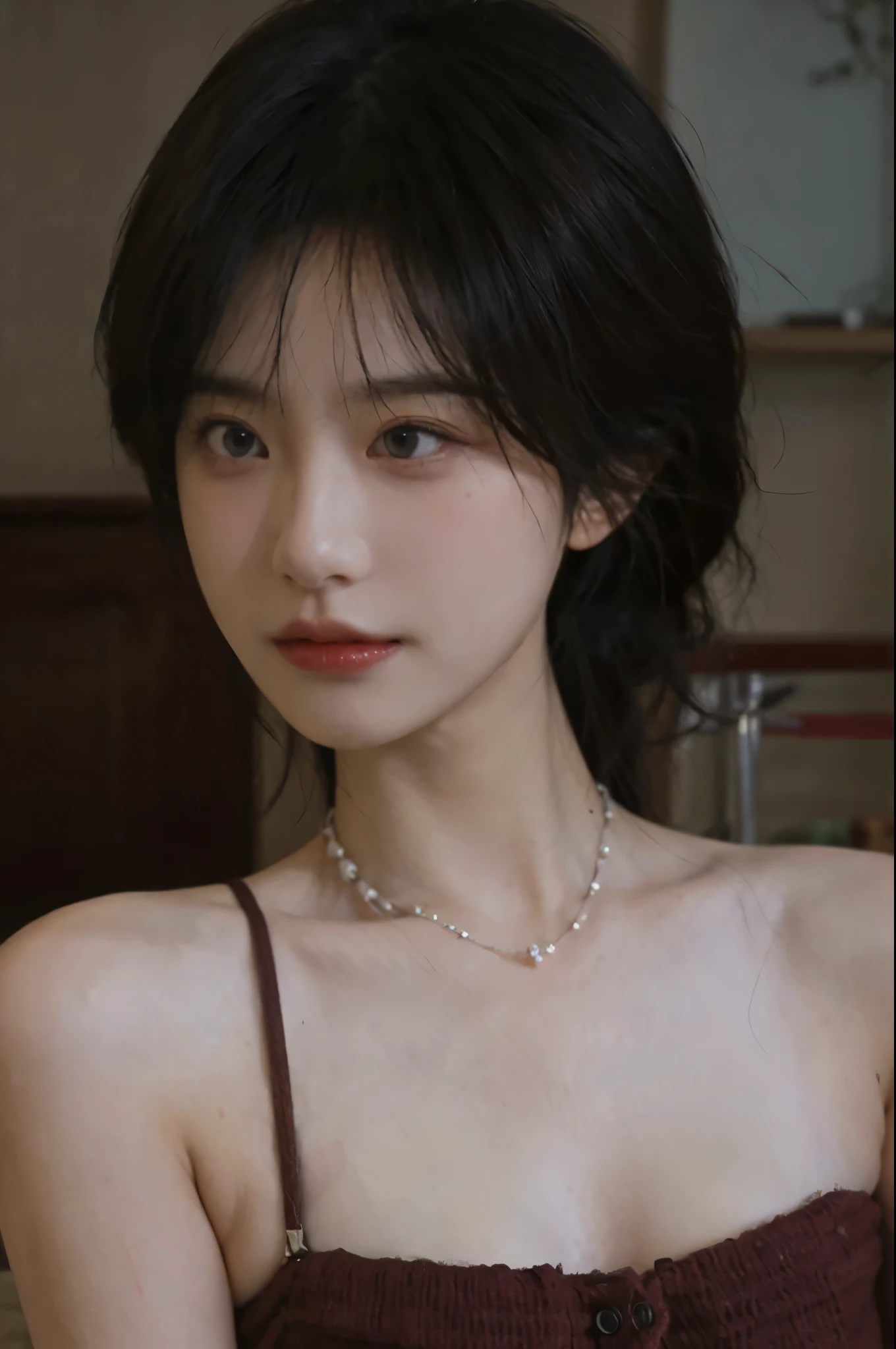 Film portrait photography, 2 girls, Bare shoulders,Lipstick，（flat chest：1.4）， Wear a necklace，Cute expression,Exquisite makeup，Red suspenders，serene, calm, (Realistic and detailed eyes, Natural skin texture, Realistic facial details), Big breasts：1.6，Big Breasts，Soft dramatic lighting, Depth of Field, Bokeh, Vibrant details, Detailed and detailed, Surreal, 35mm film, hazy, ,