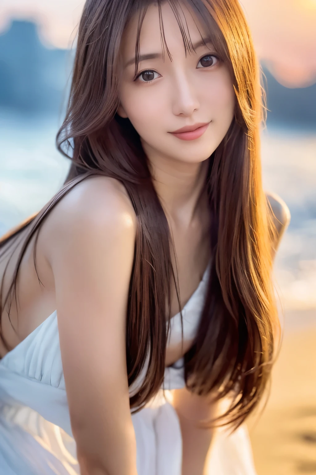 Create a high-quality, hyper-realistic portrait of a very beautiful Japanese idol. She is wearing a clean white summer dress and is squatting on the beach during sunset at sea. The deep indigo of the night sky contrasts with the last vestiges of crimson near the horizon, with swaying waves in the background. The girl has semi-long hair and a slender body with small breasts. The photo should capture her with detailed eyes, a detailed face, and a beautiful, sophisticated nose. The image should have a realistic, delicate, and finely detailed quality, suitable for a fashion magazine cover. Use cinema lighting and soft light to enhance her features. Ensure the photo is of the highest quality, with a resolution of 8K, making it perfect for a 2K wallpaper.