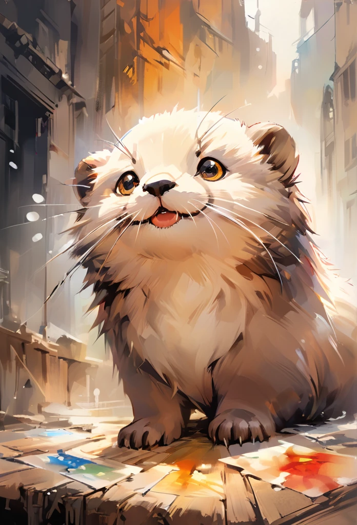 a painting of an otter with its mouth open, popular on art station, laughter and screaming face, the artist has used bright, by Peter Rockwell, digital photo, exaggerated expression, close to the camera, cheerful, whiskers, smiling at the viewer, by Suzy Rice, watercolor, oil and watercolor painting