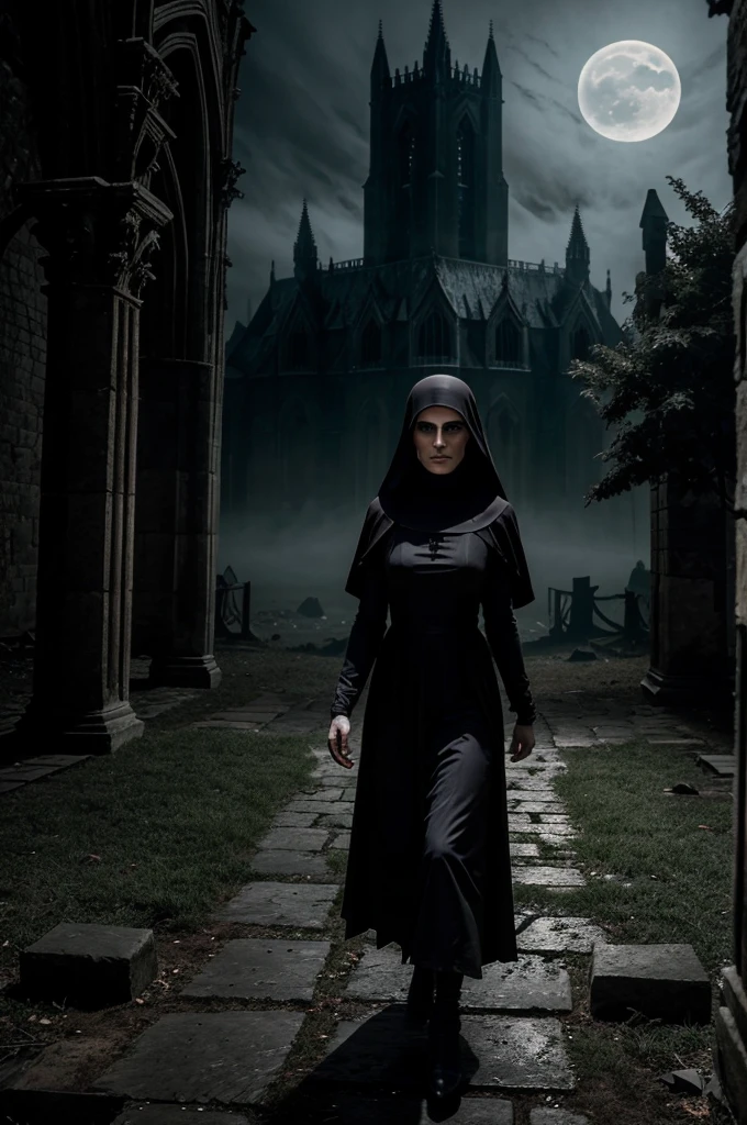 A dark and eerie abbey surrounded by dense fog under a moonlit sky. The crumbling walls and gothic architecture add to the sense of foreboding. In the foreground, a sinister figure in a nun's habit with glowing, malevolent eyes stands with an unsettling grin. The nun bold figure big Shadows twist and writhe around her as if alive. Flickering candlelight reveals ancient symbols and ominous artifacts scattered throughout the scene. In the background, ghostly apparitions loom, their faces twisted in silent screams. The atmosphere is thick with dread, and an oppressive sense of evil permeates the air."