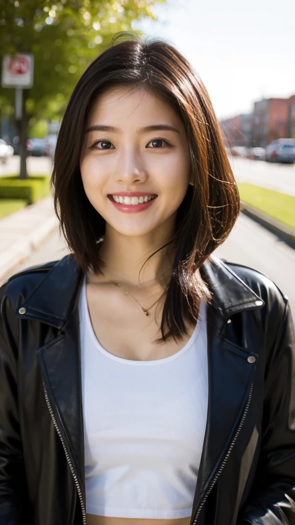 Highest quality, Ultra-high resolution, (Realistic:1.4), One girl, A loose, oversized black jacket, White sports bra, (Yoga pants:1), (Light brown hair:1.2), View Viewer, smile, Fat body, street, Urban, compensate, Wide-angle