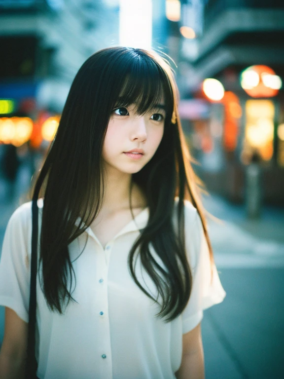 Japanese beautiful girl, Embarrassed look, figure, (Highest quality, Super detailed), front、Gentle lighting, Flowing Hair,one piece、 Delicate features, Dreamy atmosphere、Analog Film Photography、20-year-old、90'、Cyberpunk-style lo-fi animation、