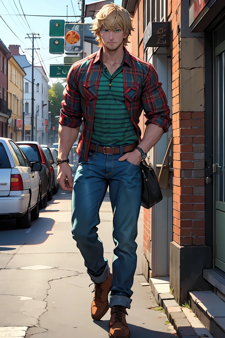 He's a caucasian male that stands at 6'1"ft, 180lbs.
Has a medium build with a bit of muscle, shaggy blonde hair, emerald blue green eyes, a bit of stubble.
And mostly dresses up in casual attire, red or blue plaid shirt, baggy jeans, old work boots.
