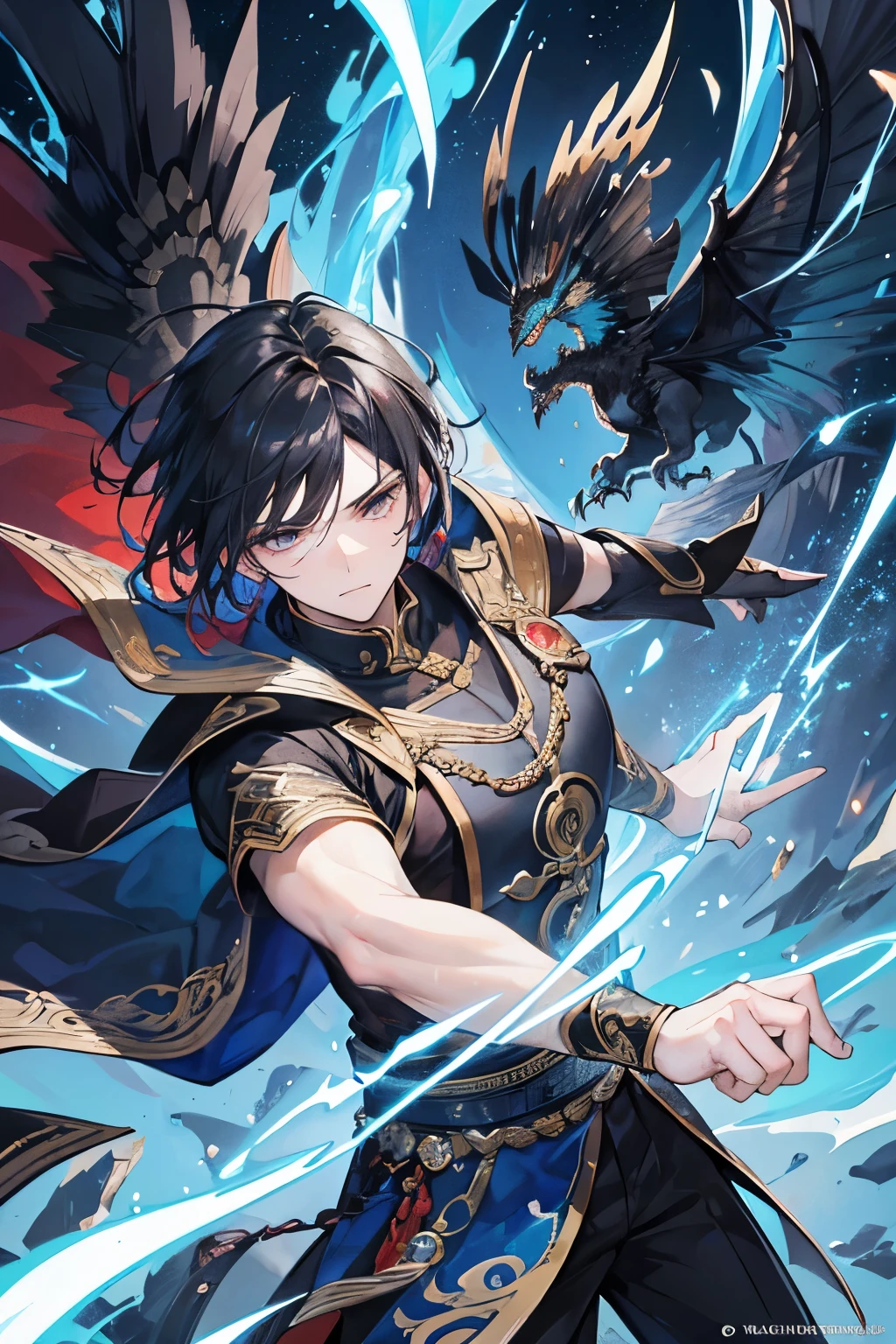 It is an elaborate and intricate fantasy portrait depicting a stout and determined seventeen-year-old man with an aura, a huge bright blue light behind him, bright black hair, dragons and phoenixes flying, golden light, Chinese martial arts style.