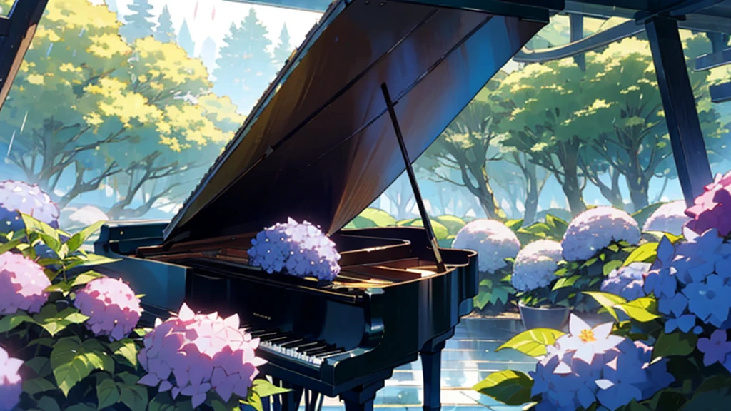 In the deep rainy forest。A large grand piano under the roof、Hydrangea is blooming