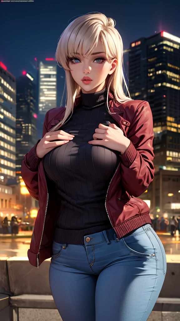 1girl,(wearing sweater and fashionablelong jacket and jeans:1.2),(RAW photo, best quality), (realistic, photo-realistic:1.4), masterpiece, an extremely delicate and beautiful, extremely detailed, 2k wallpaper, Amazing, finely detail, extremely detailed CG unity 8k wallpaper, ultra-detailed, highres, soft light, beautiful detailed girl, extremely detailed eyes and face, beautiful detailed nose, beautiful detailed eyes,cinematic lighting,at a park,city lights at night,perfect anatomy,slender body,