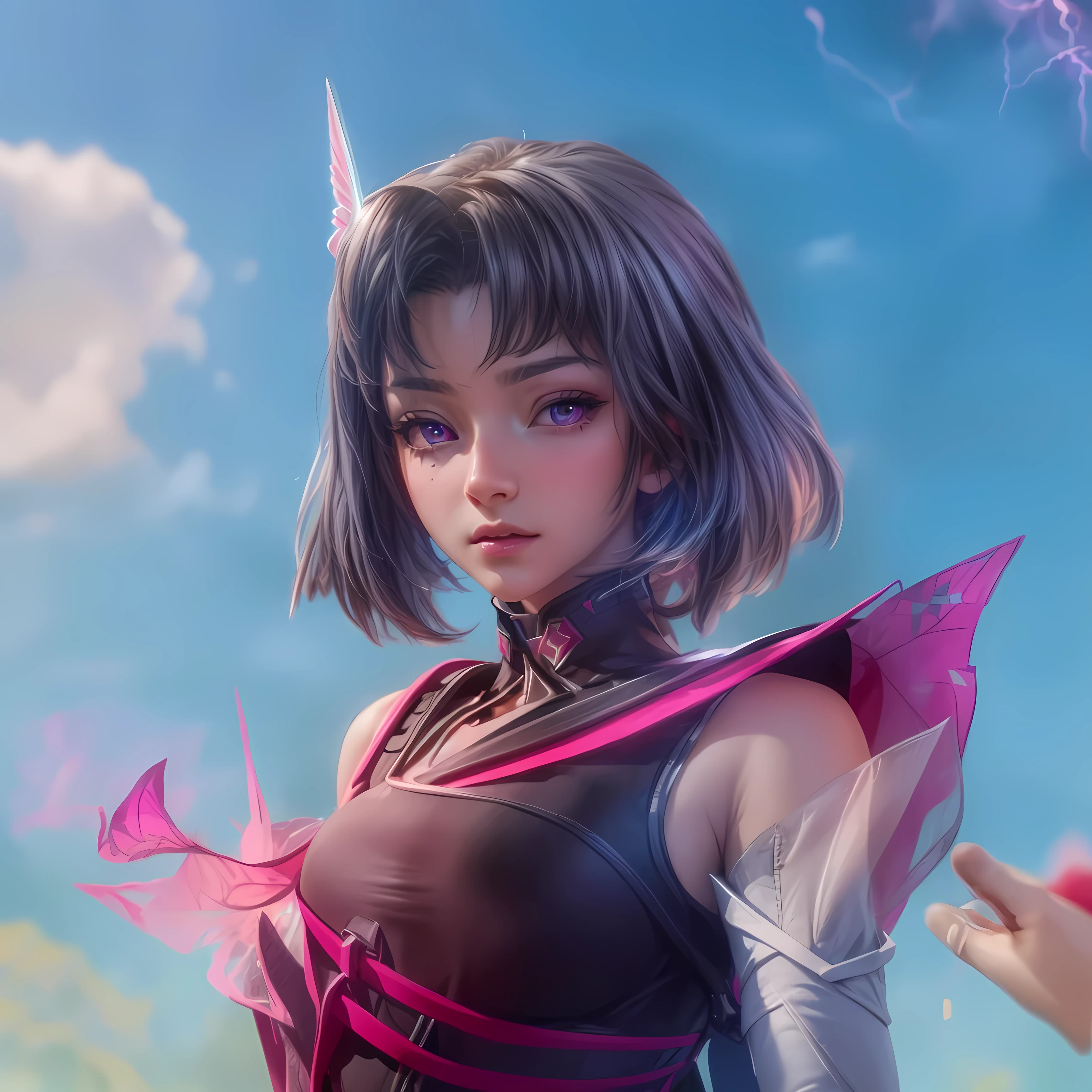 Best quality, masterpiece, ultra high res, (photorealistic:1.4), pink eyes, black hair, professional lightning, sharp focus, deep shadow, (extremely detailed CG unity 4k fhd wallpaper), 8k.