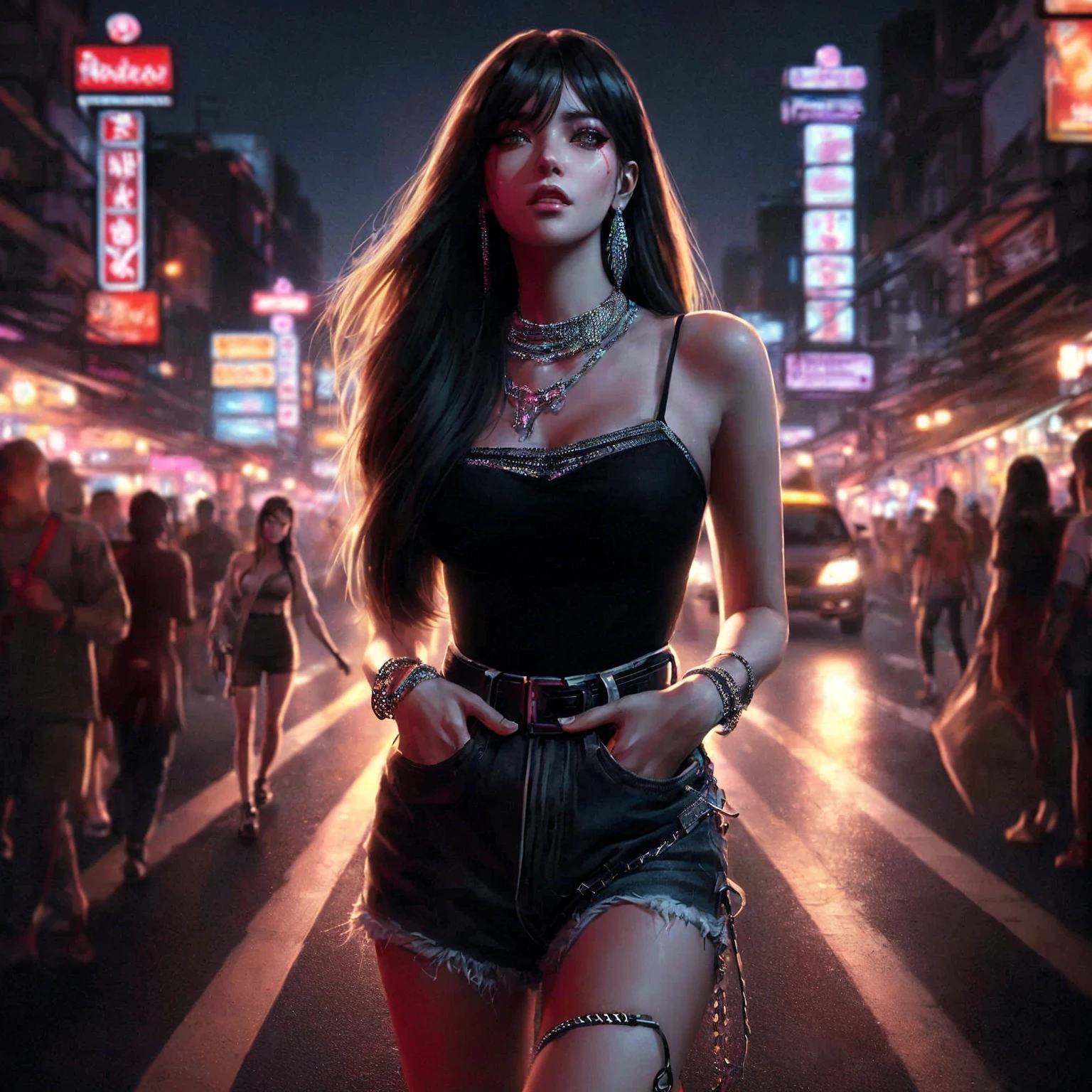 Lisa,arafed image of a woman in a black top and shorts standing in a crowded street, cyberpunk vibe, cyberpunk vibes, cyberpunk art style, cyberpunk girl, urban girl fanart, artwork in the style of guweiz, beautiful digital artwork, stylized urban fantasy artwork, deviantart artstation cgscosiety, in cyberpunk city, trending on cgstation