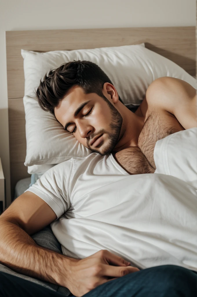 Image of a young man sleeping and dreaming that he turns off his alarm 