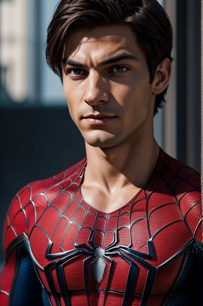 A photograph of Spider-Man., sin mascara, the 20s, elegant, detailed face, looking to the camera, portrait, 8k hd, high quality