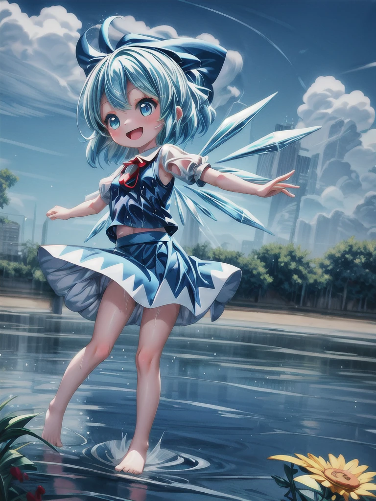 cirno, A childish girl playing in water, Small children, (Small breasts:1.1),smile,shirt, skirt,Wet,Dynamic splashes ,Outdoor,blue sky,