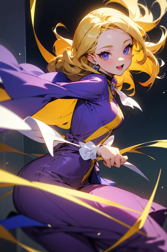 (masterpiece), best quality, expressive eyes, perfect face, blonde, femme, girly girl. purple outfit, yellow accents, charming, cheerful, curly , adult , long hair, happy, cheerful, idol,