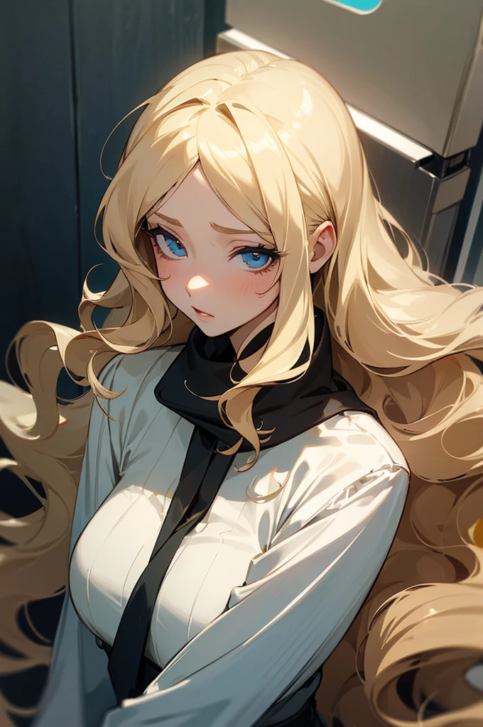 (masterpiece), best quality, expressive eyes, perfect face, blonde, femme, cold hearted, fem. soft colored clothing modern attire, mean, anime, mute, rotted personality, long wavy hair, adult, older woman, clean cut, idol, polished, very long and big hair, stunning, 
