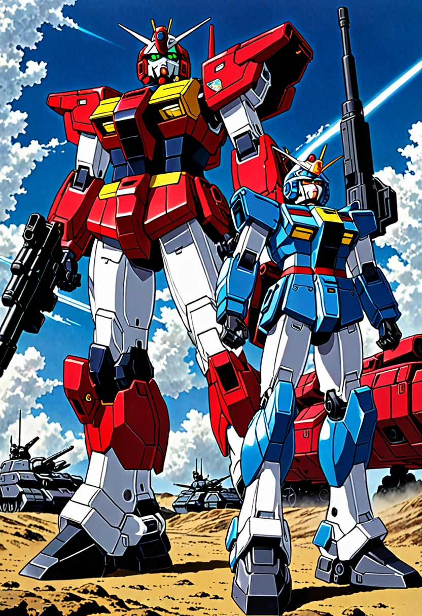 Seven-colored Gundam, Guncannon, and Gun Tank.
