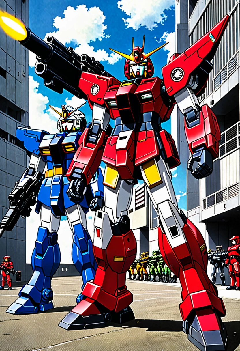 Seven-colored Gundam, Guncannon, and Gun Tank.