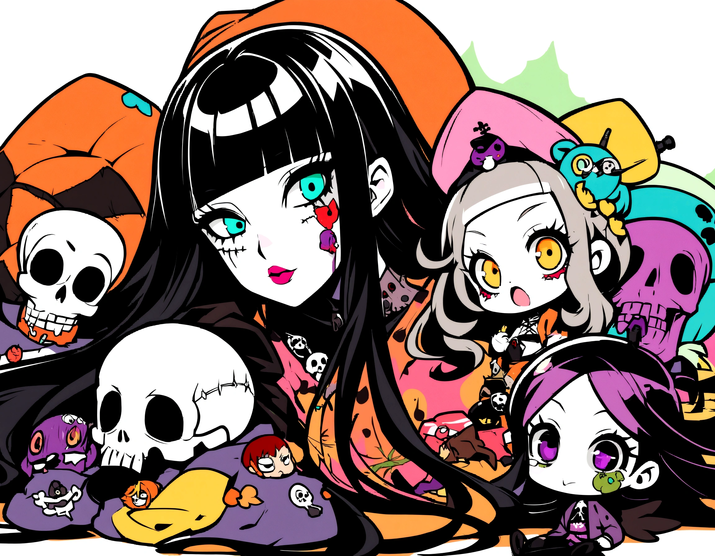 Lie、Lying down、ridicule、Finger prick、Black Hair、Black Feather、Gothic Punk,anime zombie witch design, crossbones, skulls, street wear design, pro vector, Horror style, full design, 6 colors only, solid colors, no shadows, full design, sticker, bright colors, white background.super fine illustration,(((beautiful fine hair))),(((beautiful fine face))),(((beautiful fine background))),(((beautiful fine hair))),(((beautiful fine face))),(((beautiful fine background))),Midsummer、beachBlack Hair、blunt bangs、Cross-eyed