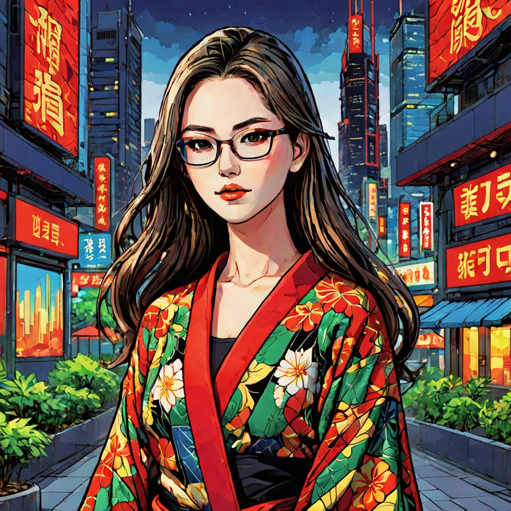 A manga-style illustration featuring a young woman with long, flowing hair and bright green eyes. She is wearing a red and black kimono with bold geometric patterns. The background is a vibrant cityscape with towering skyscrapers and neon lights. The thick impasto technique creates texture and depth in the illustration, with bold graphic lines defining the woman's features and the intricate details of her clothing. The colors are vivid and saturated, with reds, oranges, and yellows dominating the scene. The overall effect is dynamic and energetic, capturing the excitement and intensity of modern urban life, Wearing glasses, blonde hair