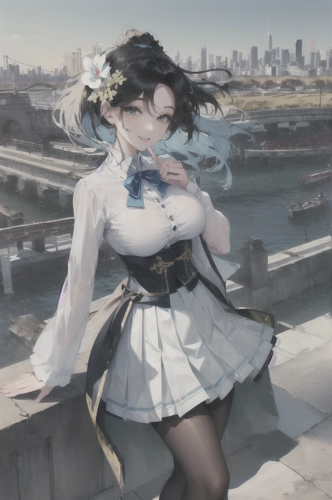 Official Art, Masterpiece, sharp focus, (beautiful beautiful cute korean woman:1.3), (beautiful cute korean:1.3), korean beauty, Hair, delicate and beautiful eyes and face., realist, ultra detailed, beautiful girl, blue sky, bright white particle, (side lighting:1.2), sunlight, White cloud, detailed clouds, slender, Beautiful very large breasts and very large hips., smile with your teeth, ((smile with your eyes, open both eyes)), scenery, Short straight hair, sexy facial expression, building, (urban landscape:1.7), dynamic hair, Short straight hair, Detailed black hair, bright green eyes, (blue pleated shirts + White skirt), long white socks, pale skin, hair ornament, epic scenery,
