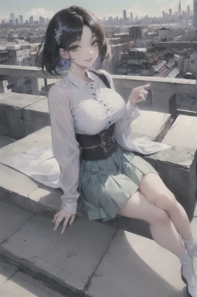 Official Art, Masterpiece, sharp focus, (beautiful beautiful cute korean woman:1.3), (beautiful cute korean:1.3), korean beauty, Hair, delicate and beautiful eyes and face., realist, ultra detailed, beautiful girl, blue sky, bright white particle, (side lighting:1.2), sunlight, White cloud, detailed clouds, slender, Beautiful very large breasts and very large hips., smile with your teeth, ((smile with your eyes, open both eyes)), scenery, Short straight hair, sexy facial expression, building, (urban landscape:1.7), dynamic hair, Short straight hair, Detailed black hair, bright green eyes, (blue pleated shirts + White skirt), long white socks, pale skin, hair ornament, epic scenery,