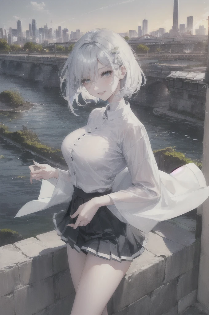 Official Art, Masterpiece, sharp focus, (beautiful beautiful cute korean woman:1.3), (beautiful cute korean:1.3), korean beauty, Hair, delicate and beautiful eyes and face., realist, ultra detailed, beautiful girl, blue sky, bright white particle, (side lighting:1.2), sunlight, White cloud, detailed clouds, slender, Beautiful very large breasts and very large hips., smile with your teeth, ((smile with your eyes, open both eyes)), scenery, Short straight hair, sexy facial expression, building, (urban landscape:1.7), dynamic hair, Short straight hair, Detailed black hair, bright green eyes, (blue pleated shirts + White skirt), long white socks, pale skin, hair ornament, epic scenery,