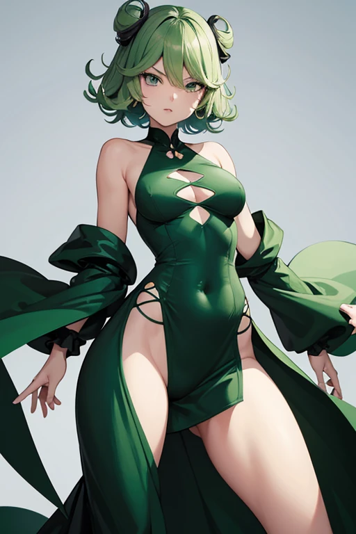 Tatsumaki is a 28 year old woman., Despite his youthful appearance, He has an energetic and slender body. His figure is quite small, with a thin body on top, but slightly thicker at the bottom. He has a flat chest, wide hips and big thighs, which gives it a very feminine appearance. Her hair is emerald and her eyes are also the same tone.. when he gets angry, her hair starts to shine brightly. She usually wears a tight black dress that highlights her curves and shows off her long legs.. Her legs are one of her most notable features., since they are long and elegant. In general, Tatsumaki has a powerful and attractive appearance that reflects his dominant personality..