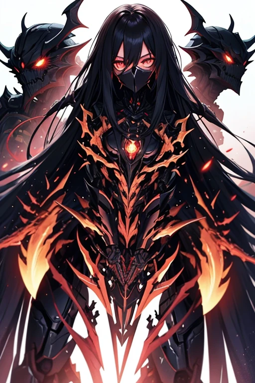 Slender woman、Big eyes、Long Hair、A mask that covers half the face、A mechanical exoskeleton that resembles a fusion of a living creature and a dragon.、Multiple arms、A mechanical angel standing in the way of humanity on the day of catastrophe
