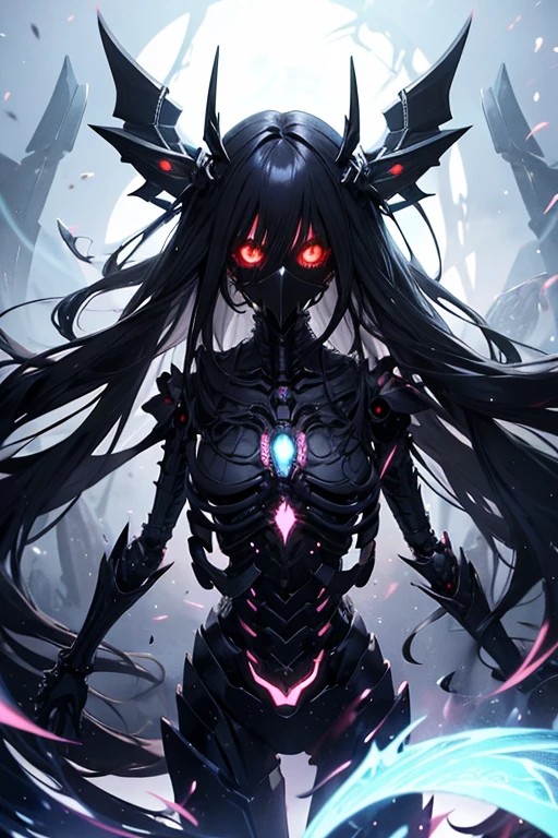 Slender woman、Big eyes、Long Hair、A mask that covers half the face、A mechanical exoskeleton that resembles a fusion of a living creature and a dragon.、Multiple arms、A mechanical angel standing in the way of humanity on the day of catastrophe