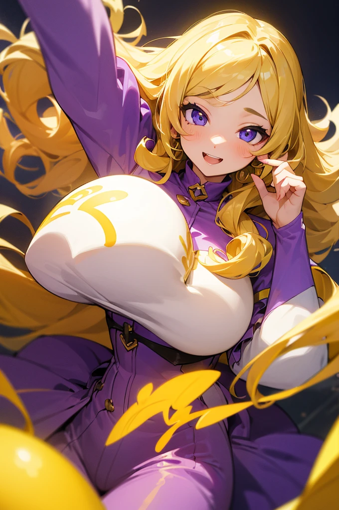 (masterpiece), best quality, expressive eyes, perfect face, blonde, femme, girly girl. purple outfit, yellow accents, charming, cheerful, curly , adult , long hair, happy, cheerful, idol, 