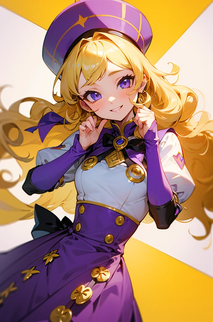(masterpiece), best quality, expressive eyes, perfect face, blonde, femme, girly girl. purple outfit, yellow accents, charming, cheerful, curly , adult , long hair, happy, cheerful, idol,