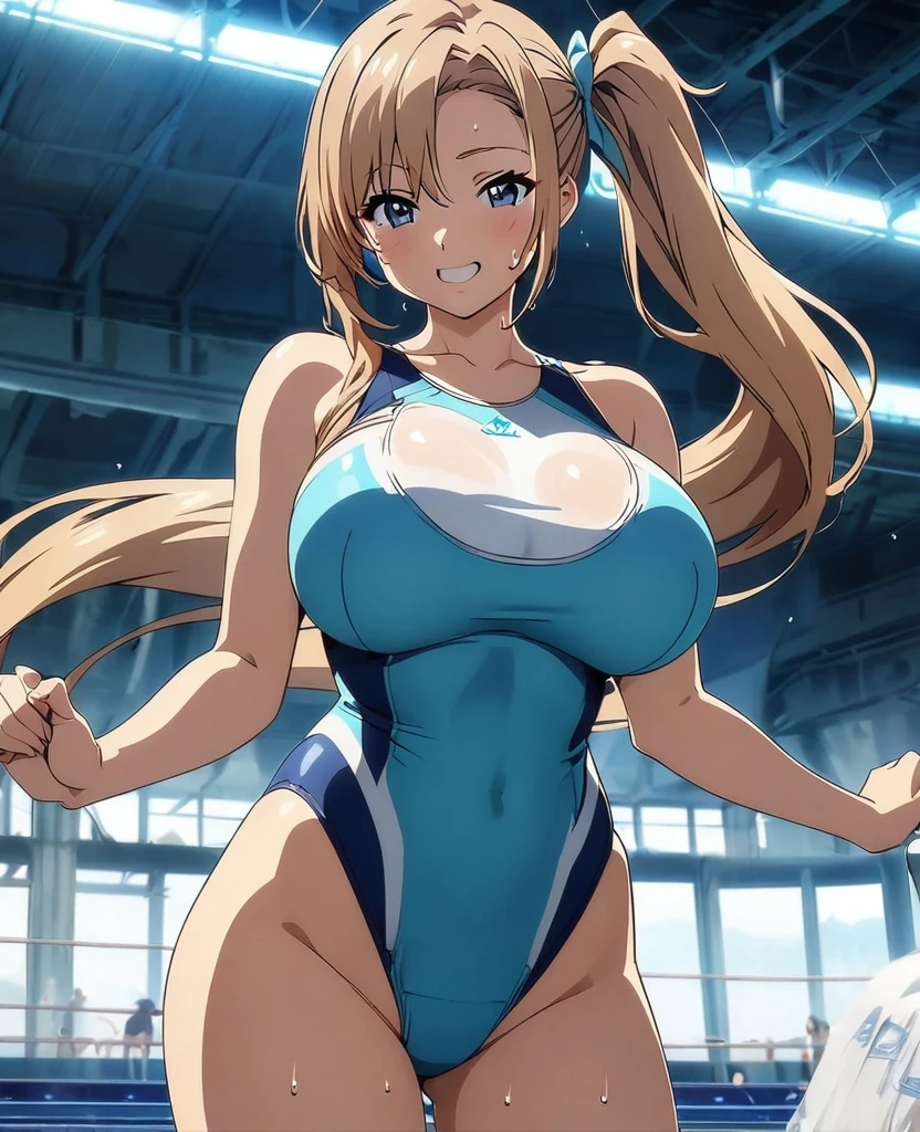 Asuna, Anime art style, 1 Girl, alone,Big Breasts、High leg competitive swimsuit、((My whole body is sweating))、Side Ponytail、