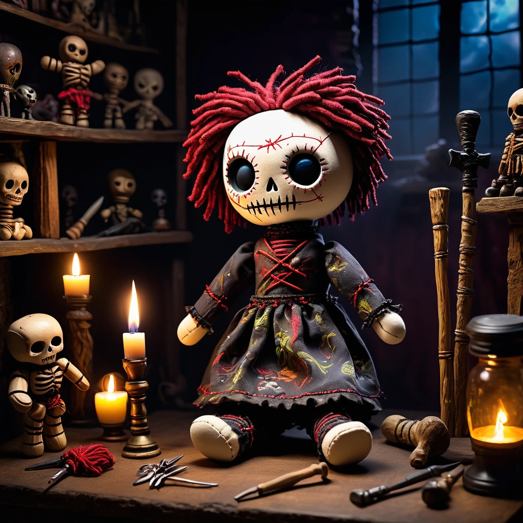 (knitted toy voodoo doll:1.5), (Voodoo Nightmare Sculptor:1.3), (Clothing: eerie artist's smock with ghostly patterns:1.0), (Accessories: enchanted chisel, glowing mallet, magical clay:1.2), (background: haunted atelier with floating statues, glowing tools, and mystical shadows:1.2), best quality, masterpiece, detailed soft oil painting, detailed background, dramatic cinematic lighting, soft edge lighting, professional, dramatic lighting, hard edge lighting, ultra quality, 4k, masterpiece, best quality, 8k, ultra high definition, high resolution, extremely detailed